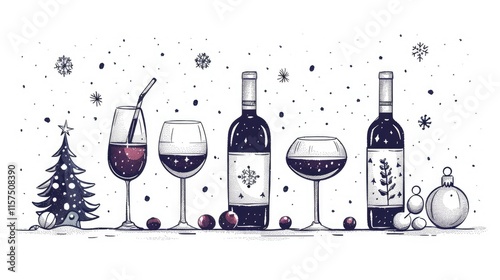 Winter wine tasting, glasses, bottles, cranberries, snow, Christmas tree.