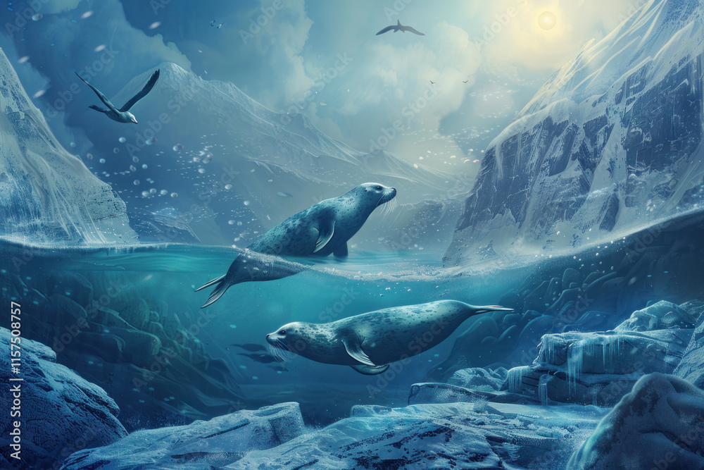 A serene underwater landscape beneath the ice with seals swimming gracefully in the frigid waters A serene underwater landscape beneath the ice with seals swimming gracefully in the frigid waters