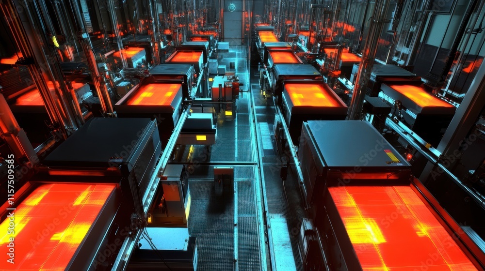 Obraz premium An overhead angle capturing multiple conveyor belts laden with products being analyzed by overhead mounted scanners that use thermal imaging to check for quality compliance.