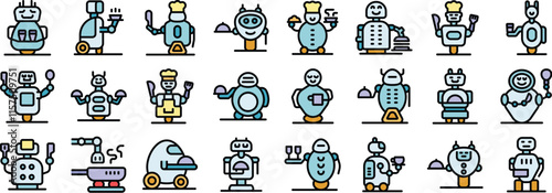 Cartoon robots working as waiters and chefs preparing and serving food and drinks in restaurant kitchen