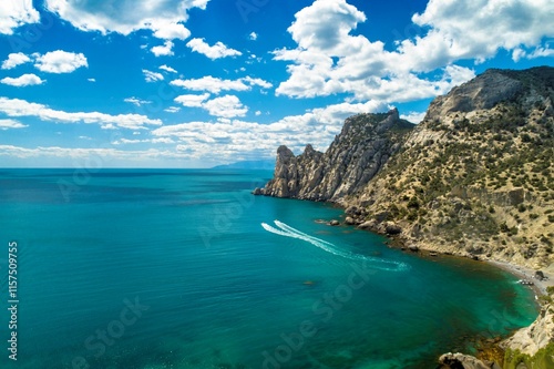 Beautiful aerial view of the blue bay and Mount Karaul-Oba, on the Black Sea coast of the Crimea peninsula