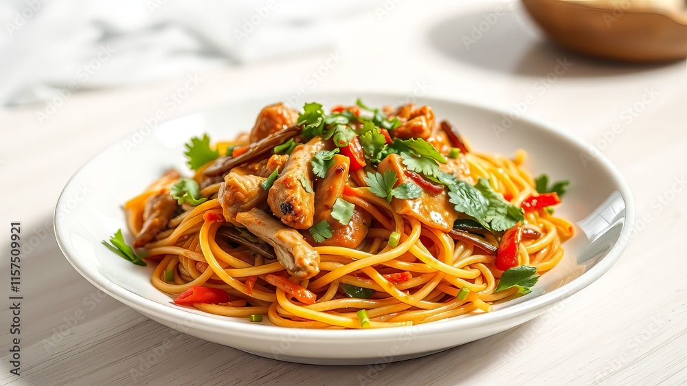 Spicy Pork Noodle Salad - Asian Fusion Cuisine, Delicious Instant Noodle Dish, Mouthwatering Plate, White Plate, Vibrant Colors, High Quality, Food Photography Spicy Pork Noodle Salad - Asian Fusion Cuisine, Delicious Instant Noodle Dish, Mouthwatering Plate, White Plate, Vibrant Colors, High Quality, Food Photography