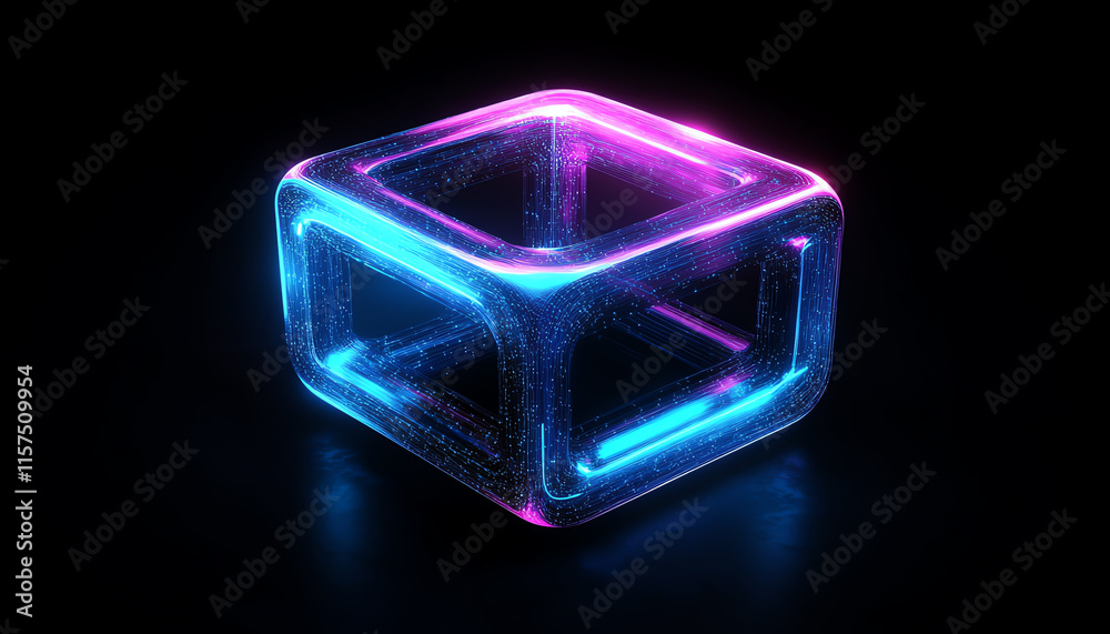 A futuristic 3D network connection icon glowing with vibrant neon blue and purple hues A futuristic 3D network connection icon glowing with vibrant neon blue and purple hues