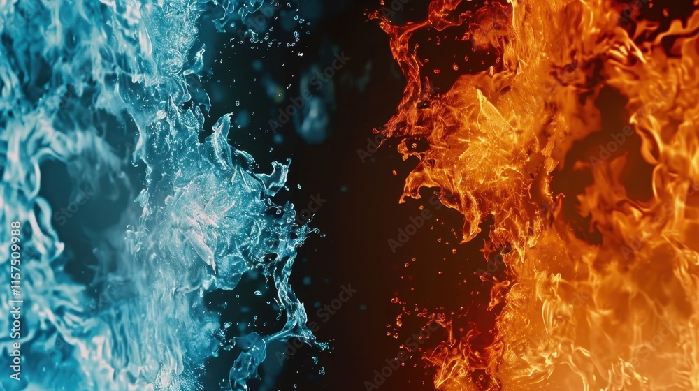 Obraz premium Ice vs fire in abstract art, a striking vs flowing design of cold water vs hot flame with a light vs dark contrast and a nature-inspired motion.