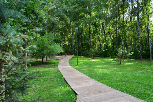 a wooden path in the public park with lots of green trees and grass