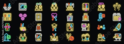 Neon icons representing various aspects of sexual education, gender studies, and reproductive health, including contraception, anatomy, and lgbtq plus topics