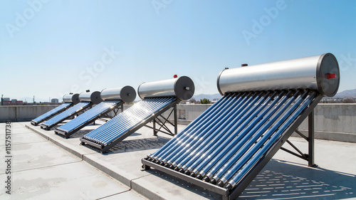 Array of solar water heaters on rooftop under clear blue sky