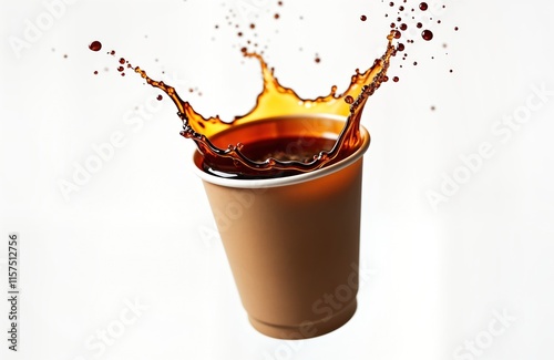 Paper coffee cup with splashing hot drink. Coffee splashes, drips in air. Isolated on white background. Looks like coffee break. Quick take away drink. Fresh morning beverage. Aromatic, tasty hot