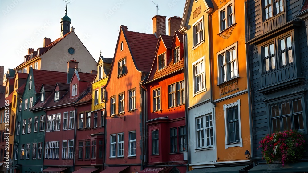 Fototapeta premium Tallinn Old Town Colorful Houses, Estonia, AI Photo, Architectural Photography, European Charm, Vibrant Colors, Historical Buildings, 