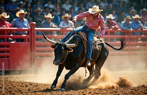 Fearless cowboy rides bucking bull in dusty rodeo arena. Crowd watches thrilling competition. Western style clothing, hat prominent. Action photo shows cowboy skill, bull power. Exciting spectacle, photo