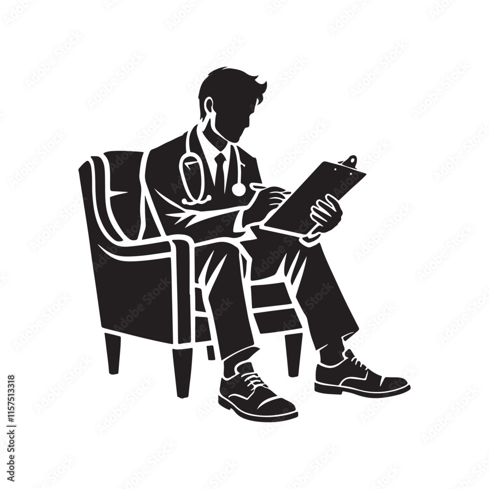 Fototapeta premium Psychiatrist with a clipboard silhouette vector black color design and solid white background 