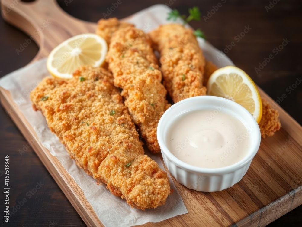 Crispy Fried Fish Fillets Served with Lemon Slices and Creamy Dipping Sauce on a Wooden Cutting Board for a Delicious Meal Experience Crispy Fried Fish Fillets Served with Lemon Slices and Creamy Dipping Sauce on a Wooden Cutting Board for a Delicious Meal Experience