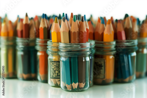 Close up color pencils in glass jars, copy space for art concept photo