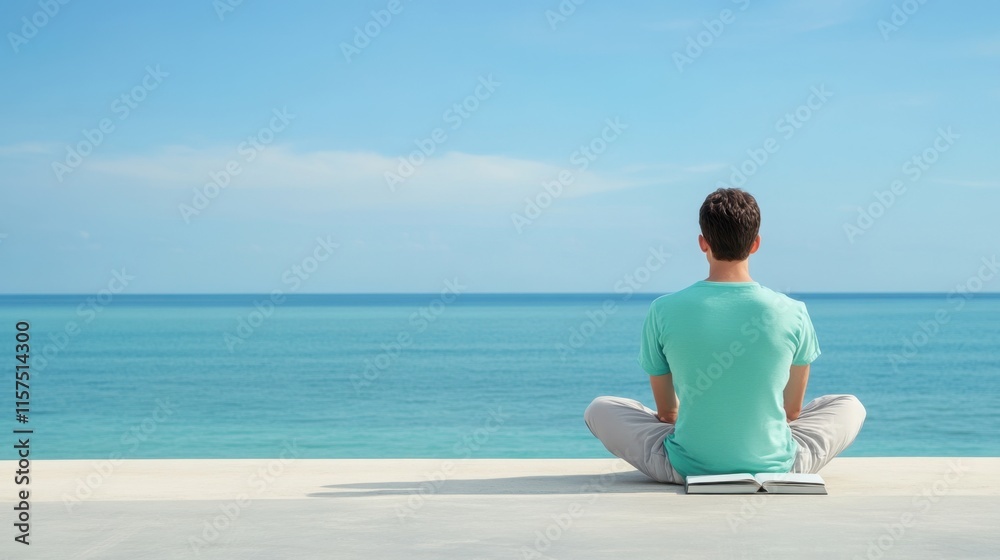 Fototapeta premium Person Meditating by the Ocean with a Book on a Tranquil Beach Day