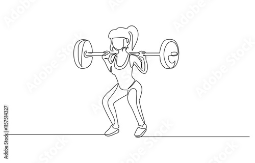 One single line drawing of fit young athlete muscular woman lifting barbells working out at a gym vector illustration, Woman lifting weights continuous one line drawing.