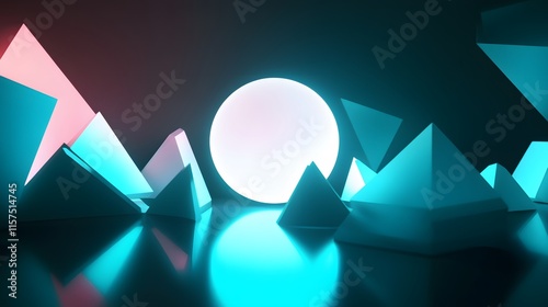 Illuminated geometric shapes with light sphere in abstract studio setting creative art environment