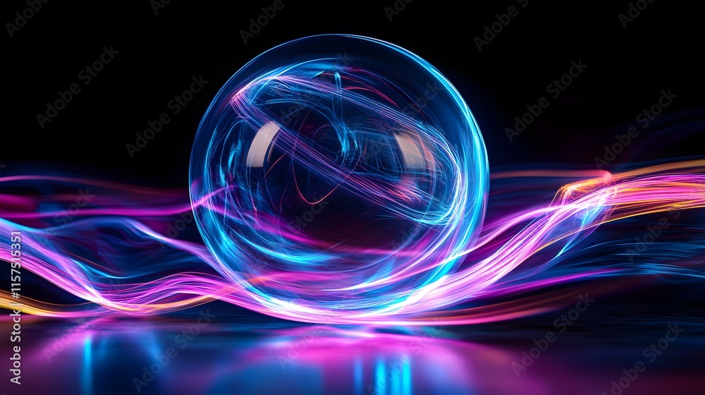 Obraz premium Dynamic light trails intersecting a transparent sphere studio digital artwork dark background abstract concept