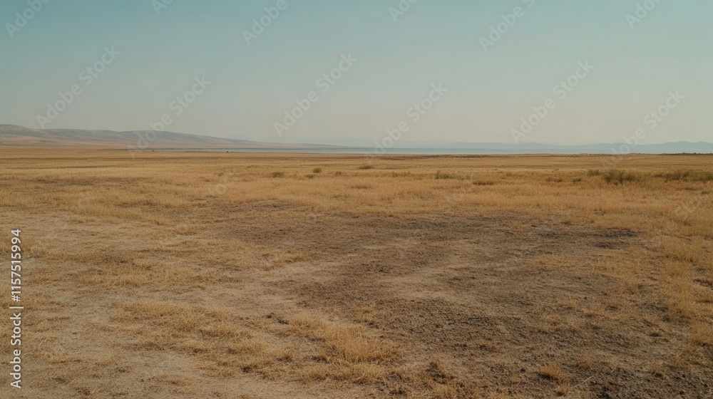 Expansive Arid Landscape with Dry Grass and Distant Mountains Under Clear Sky Expansive Arid Landscape with Dry Grass and Distant Mountains Under Clear Sky