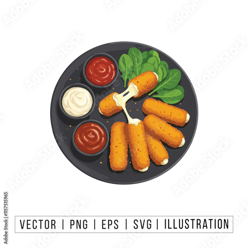 Delicious Mozzarella Sticks with Dipping Sauces and Spinach Garnish - Vector Illustration