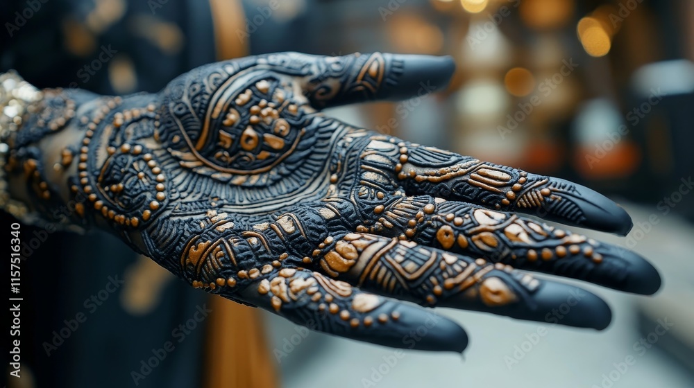 Fototapeta premium Intricate Henna Body Art Detailed View of Woman s Hand Decorated with Traditional Indian Design