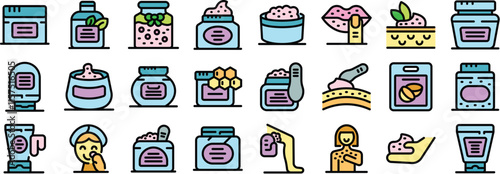 Sugar scrub icons depict various methods and products for exfoliating and moisturizing skin, promoting smooth and healthy skin