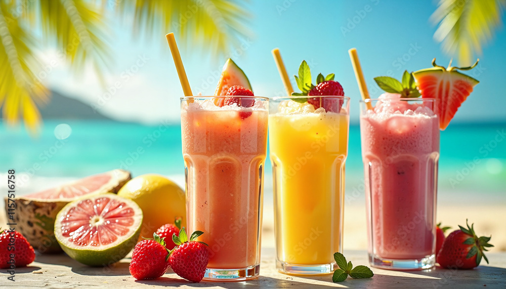 Refreshing tropical fruit smoothies in glasses on a beach table with bright sunshine and ocean view
