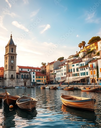 Picturesque Harbor Town Sunset Boats and Clock Tower