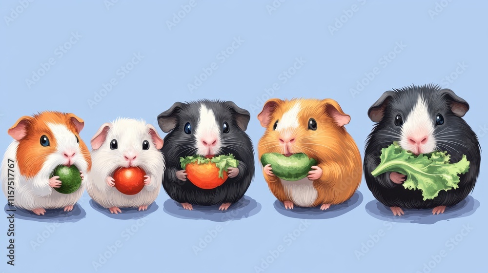 Fototapeta premium Five Adorable Guinea Pigs Enjoying a Veggie Feast