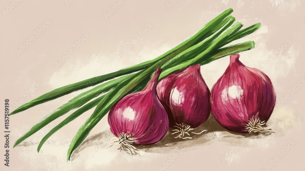 Three Red Onions with Green Stems on Beige Background