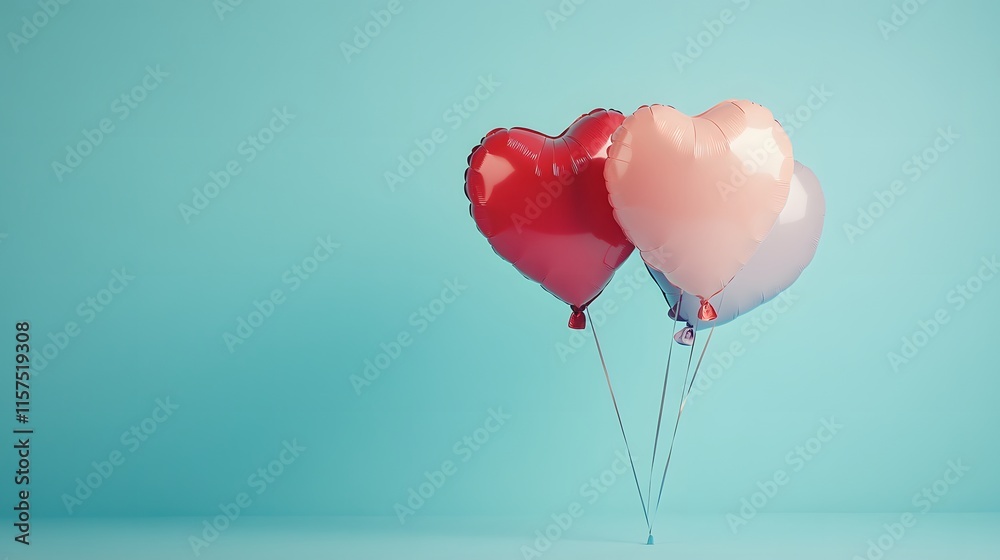 Three Heart Shaped Balloons Float Against A Blue Background Three Heart Shaped Balloons Float Against A Blue Background