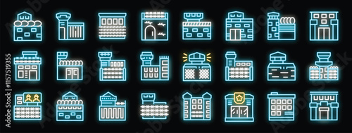 Bright neon icons depicting various prison buildings, symbolizing confinement, security, and the justice system
