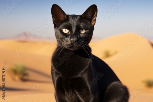 Portrait of a happy bombay cat over backdrop of desert dunes
