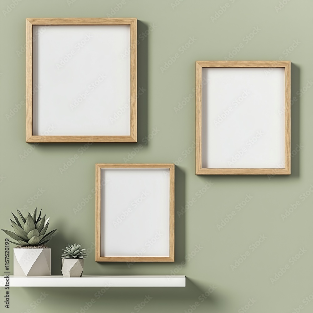 Three empty wooden picture frames hanging on a light green wall Three empty wooden picture frames hanging on a light green wall