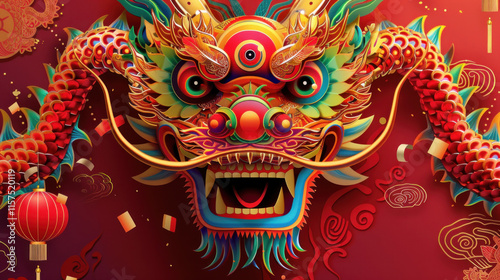 Wallpaper Mural Chinese New Year dragon dance, traditional festive theme, vibrant colors, rich red and gold details, detailed cultural elements, high-resolution illustration Torontodigital.ca