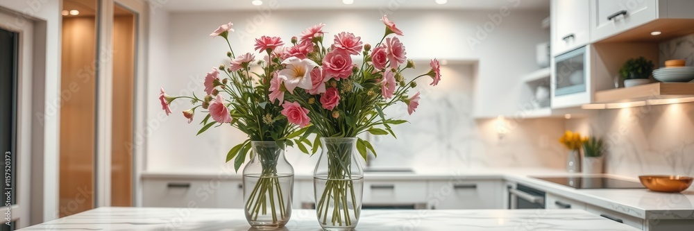 Elegant kitchen interior featuring two glass vases filled with beautiful pink roses and varied flowers, showcasing modern design and serene atmosphere in a bright, stylish home setting Elegant kitchen interior featuring two glass vases filled with beautiful pink roses and varied flowers, showcasing modern design and serene atmosphere in a bright, stylish home setting