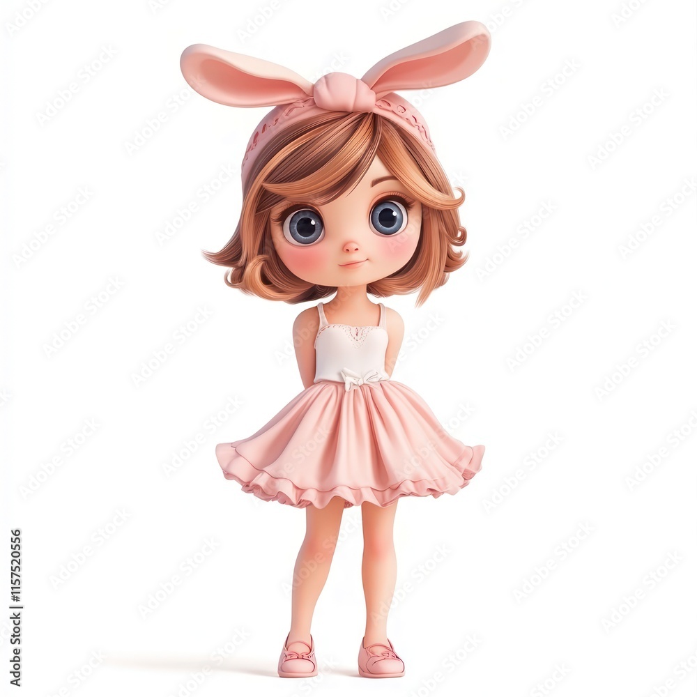 A cute girl with a bunny ear headband and a frilly skirt. vector style art 3d illustration Isolated on White Background A cute girl with a bunny ear headband and a frilly skirt. vector style art 3d illustration Isolated on White Background
