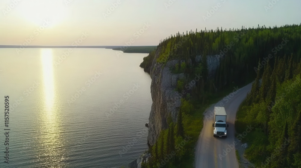 Scenic Highway Along Cliffside Overlooking Calm Water at Sunset