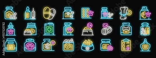 Neon icons representing various pet medications, supplements, vitamins, and food additives, ensuring pets receive essential nutrients