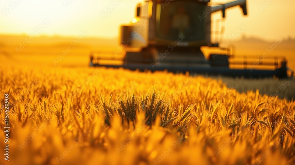 Fototapeta premium Golden Hour Harvest A Combine Harvester in a Field of Ripe Grain at Sunset