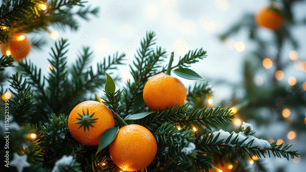 Festive Evergreen Branches Adorned with Ripe Citrus Fruits and Soft Winter Lighting Festive Evergreen Branches Adorned with Ripe Citrus Fruits and Soft Winter Lighting