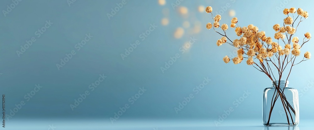 Dried flowers in a glass vase against a blue background. Dried flowers in a glass vase against a blue background.
