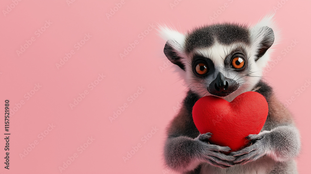 Fototapeta premium A cute lemur with red and white wings holding a red heart , set against a soft pink background flat surface. The design features ample blank space, making it perfect for a Valentine’s Day gift card