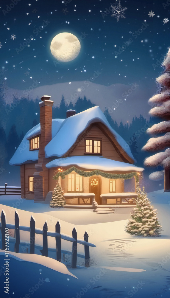 Naklejka premium Cozy winter cottage under a full moon with snow and pine trees in a night scene
