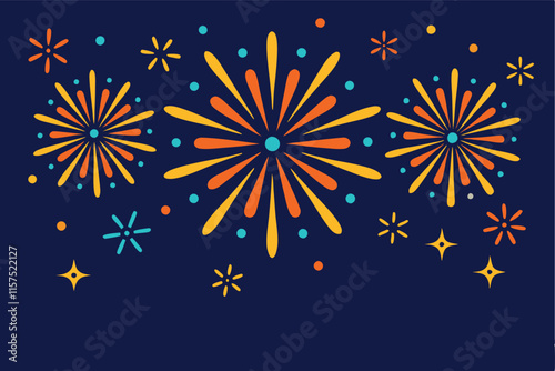 Fireworks Display Over Cityscape at Night Vector, A vibrant image depicting fireworks exploding in the night sky above a stylized cityscape. The fireworks are rendered in shades of orange, yellow