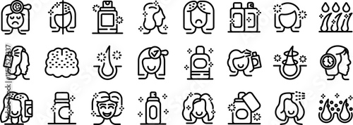Dry shampoo icons set. Hair care routine icons depicting women using various products for healthy, shiny hair and addressing scalp problems