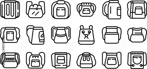 Drawstring sack icons set. Backpack icons set featuring various designs for hiking, school, travel, and everyday use, highlighting diverse carrying options