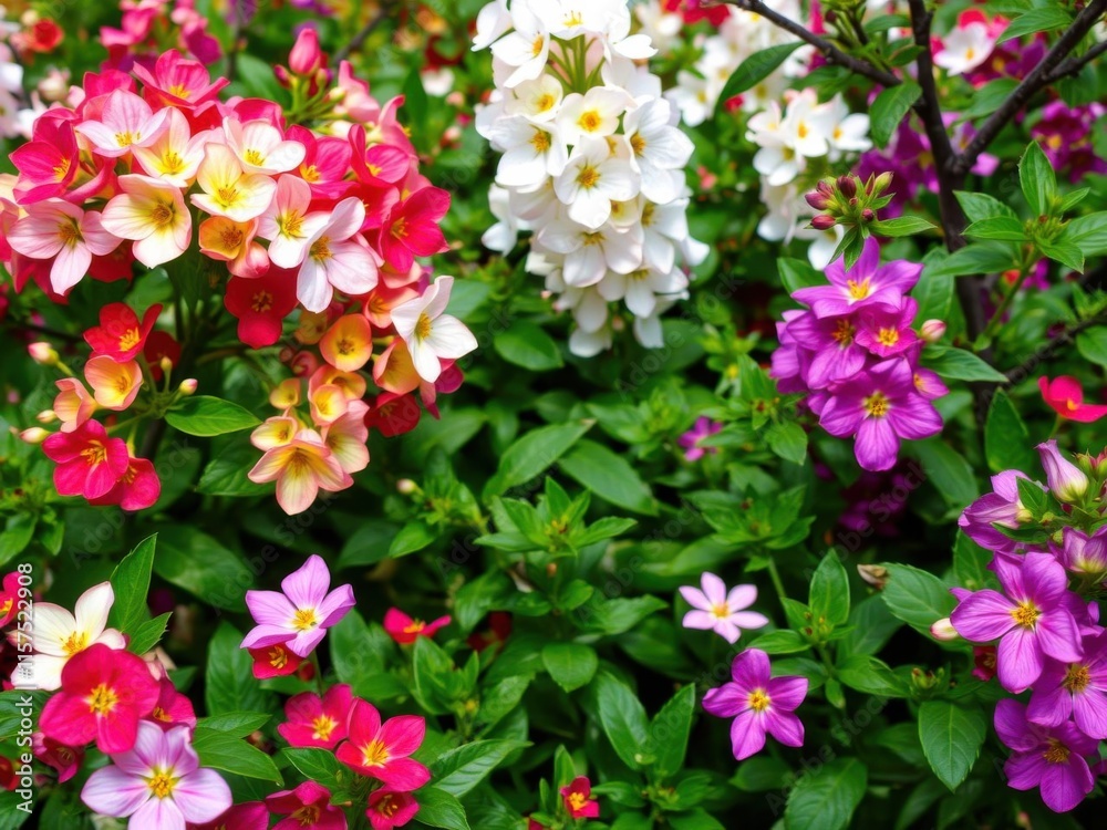 Vibrant Blooming Flowers in a Lush Garden Displaying a Colorful Array of Pink, White, and Purple Blossoms Amongst Green Foliage and Natural Beauty Vibrant Blooming Flowers in a Lush Garden Displaying a Colorful Array of Pink, White, and Purple Blossoms Amongst Green Foliage and Natural Beauty