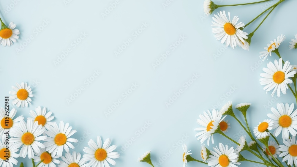 Fototapeta premium A serene arrangement of daisies on a light blue background, creating a charming and delicate border.