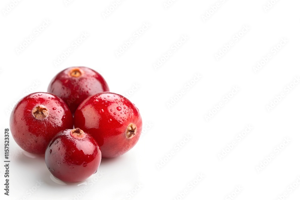 Fresh Cranberries with Dew Drops – Vibrant Red and Juicy Placed on Left Side of White Background with Copy Space Fresh Cranberries with Dew Drops – Vibrant Red and Juicy Placed on Left Side of White Background with Copy Space