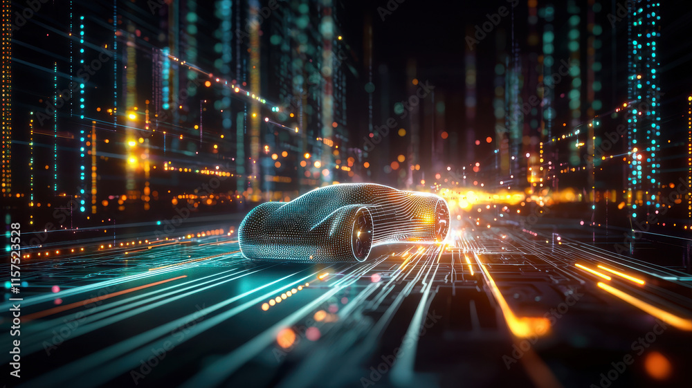 Fototapeta premium Futuristic roadster on glowing circuit board with vibrant lights